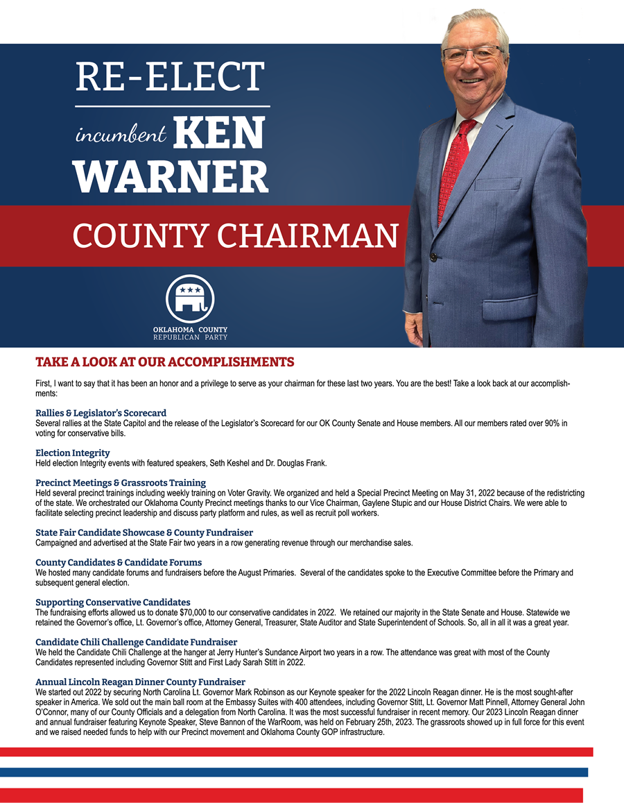 Message from Chairman Ken Warner Oklahoma County Republican Party